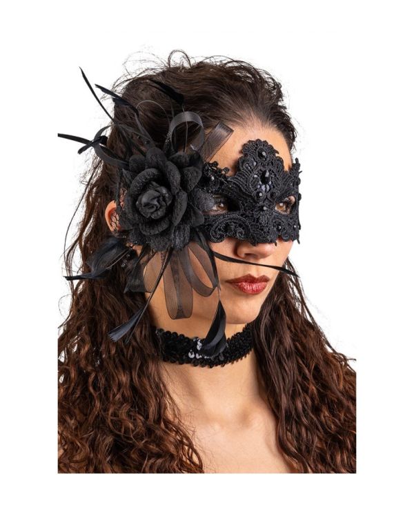 Maschera Di Carnevale In Pizzo Nero Con Strass, Fiore E Piume 