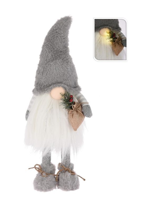 Gnome De Noël En Peluche Gris 53Cm - Avec Lumières LED