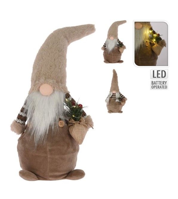 Gnome De Noël En Peluche Brun 46Cm - Avec Lumières LED