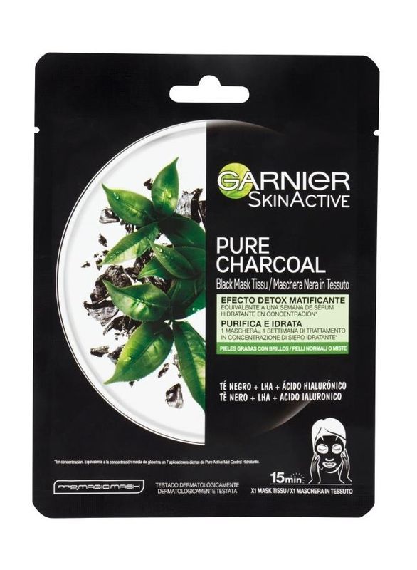 GARNIER Masque En Tissu Pure Charcoal Purifie Et Hydrate 32G