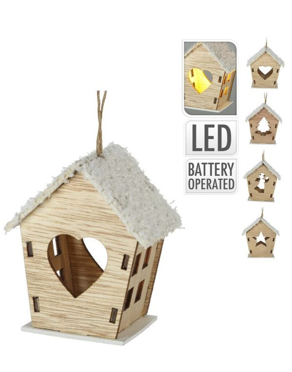 Pendente Natalizio Casa In Legno Con Luce Led 8X6Cm - Assortito