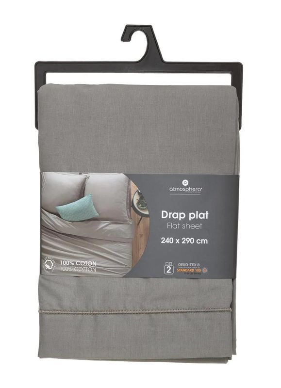 Drap De Lit Double Unicolore Gris 240X290Cm