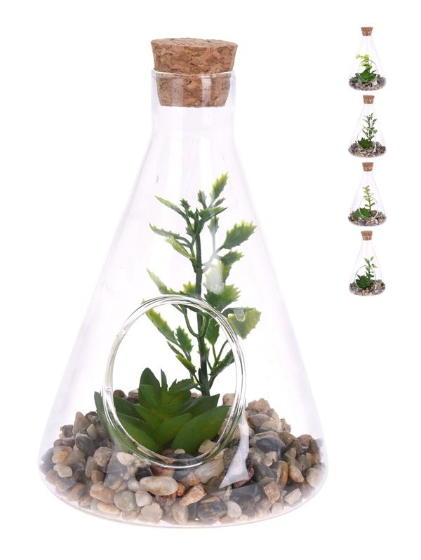 Deko-Haus Glasflasche Mit Pflanzenattrappe 14Cm - Sortiert