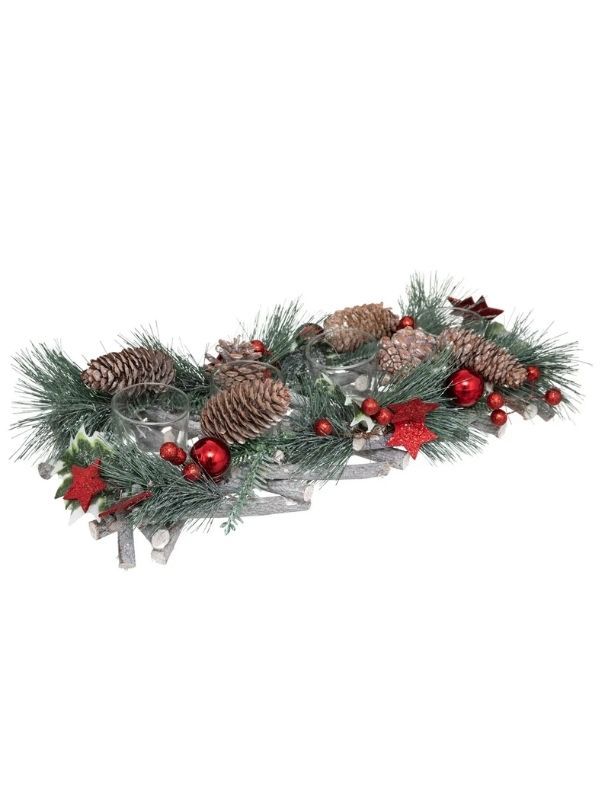 Bougeoir De Noël Décoratif Avec Branches De Pin Et Boules Rouges 39X14Cm