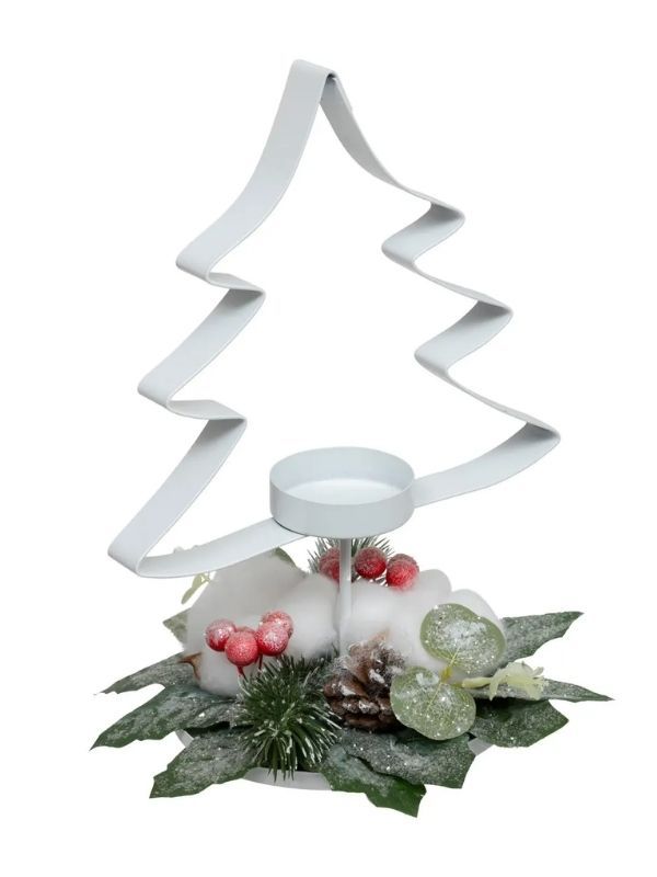 Portacandela Natalizio Decorativo In Metallo Bianco Con Albero Di Natale 25Cm