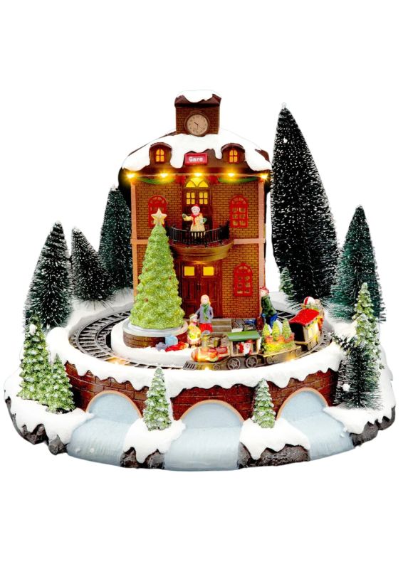 Village De Noël Avec Train Et Lumières 35,5X29,5Cm