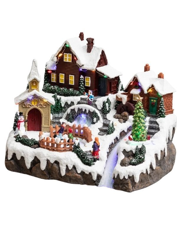 Village De Noël Avec Étang Et Lumières Led 29.5X24Cm