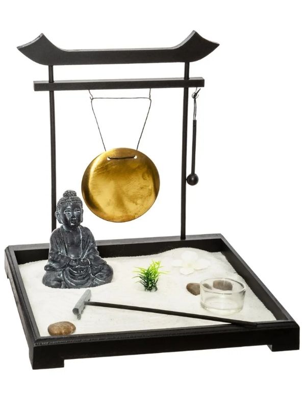 Tori En Bois Noir Jardin Zen Avec Gong 26X26Cm