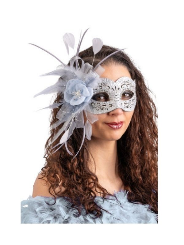 Maschera Di Carnevale Argento Con Fiore E Piume 