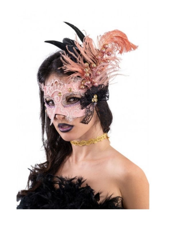 Maschera Di Carnevale In Plastica Con Pizzo Rosa E Piume 