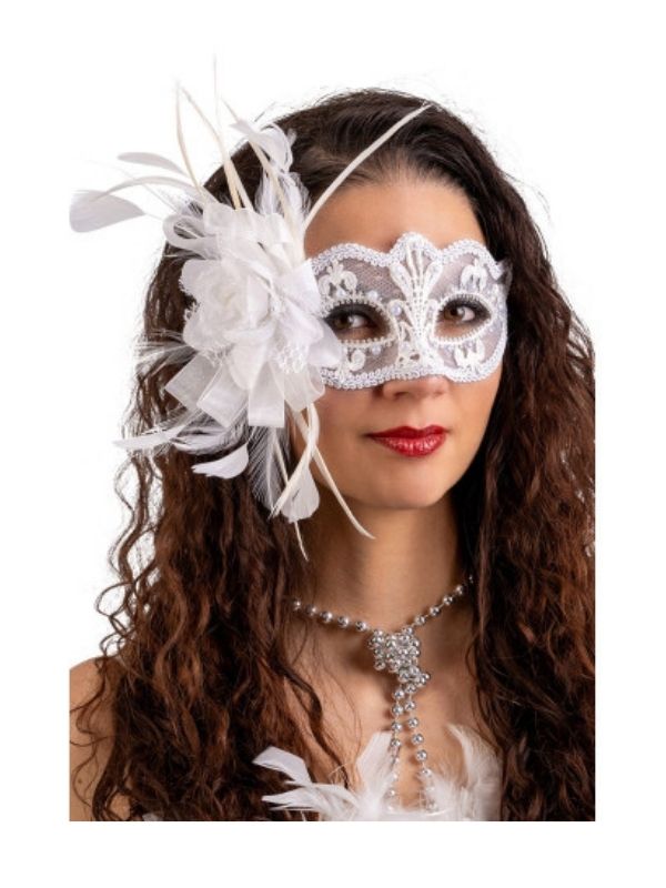 Maschera Di Carnevale In Pizzo Bianco Con Strass, Fiore E Piume 