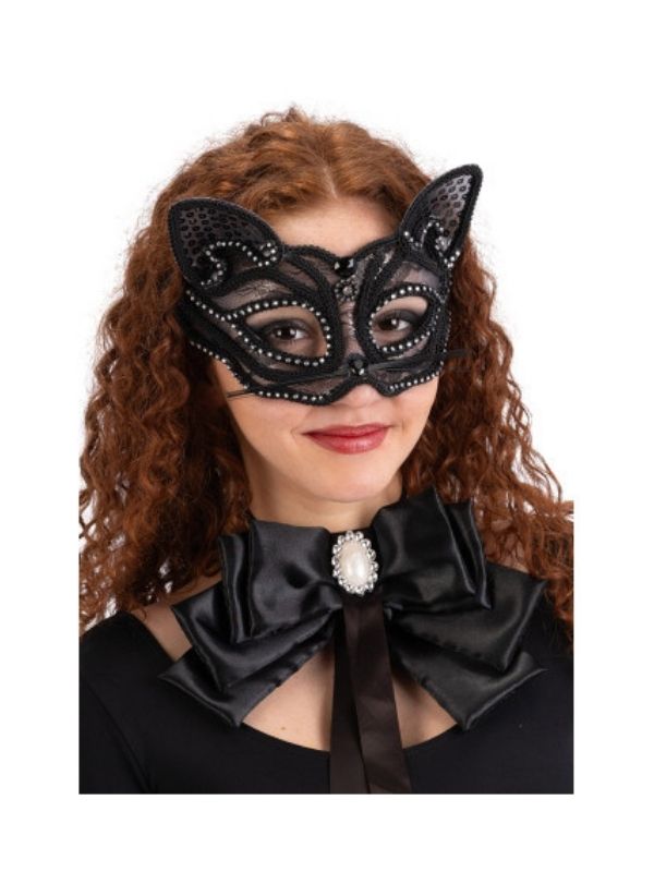 Maschera Di Carnevale In Pizzo Con Strass - Gatto 