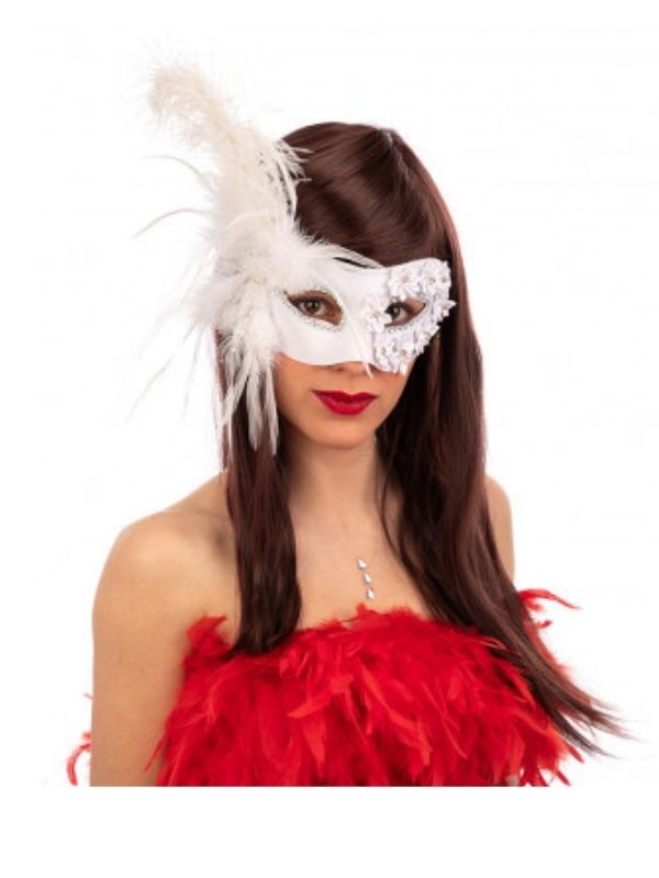 Maschera Di Carnevale In Plastica Bianca Con Fiore E Piume Bianche 