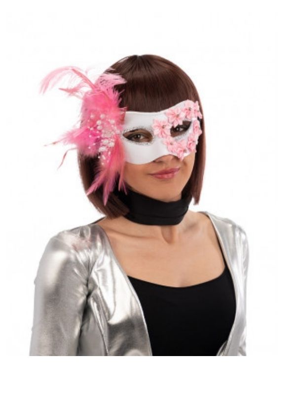 Maschera Di Carnevale In Plastica Bianca Con Fiore E Piume Rosa 