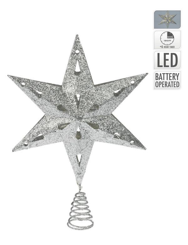 Silberne Sternförmige Weihnachtsbaumspitze Mit LED-Lichtern - Sortiert